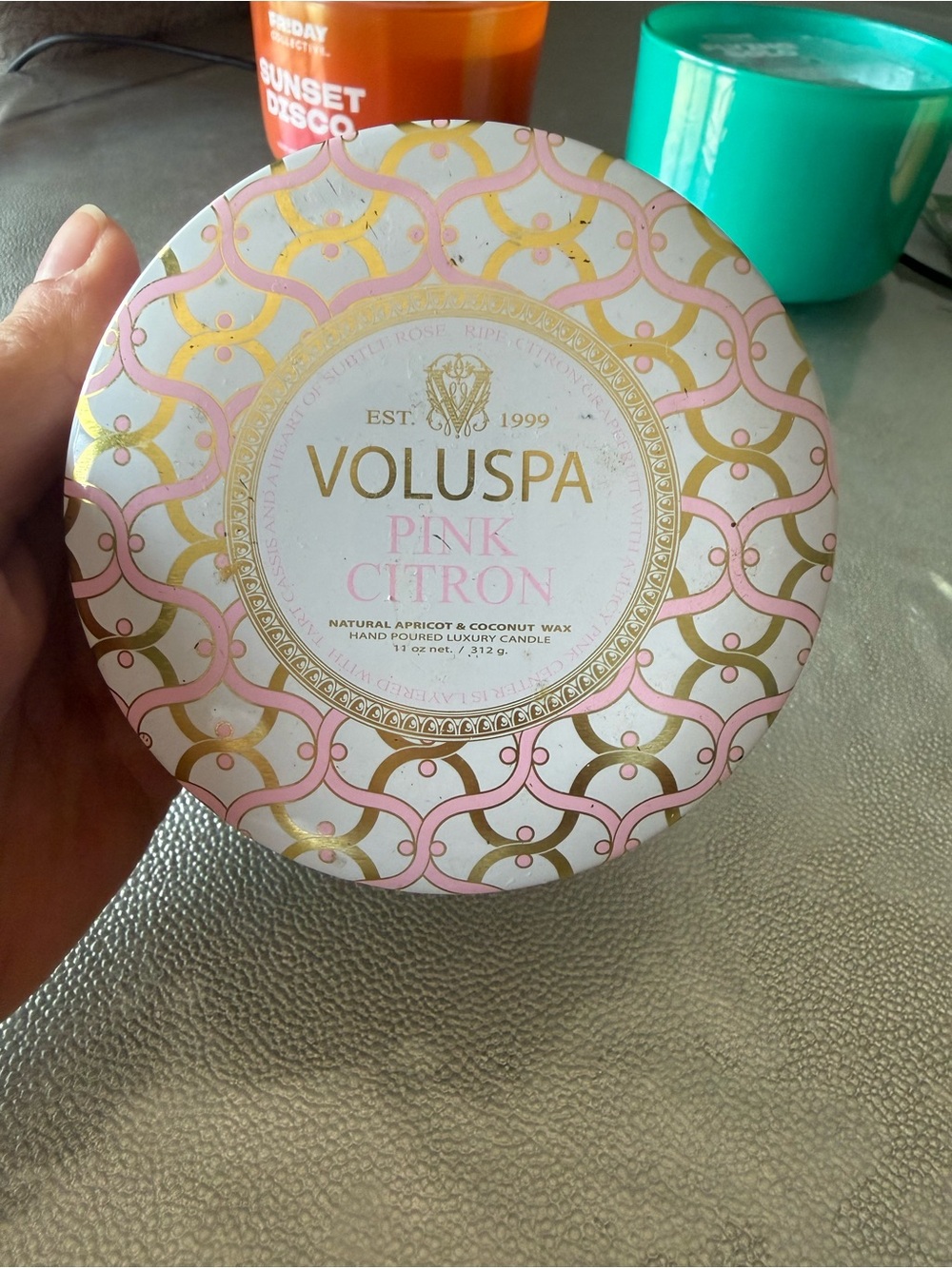 Voluspa Pink Citron Decorative Candle Tin - Pink, White & Gold Accents